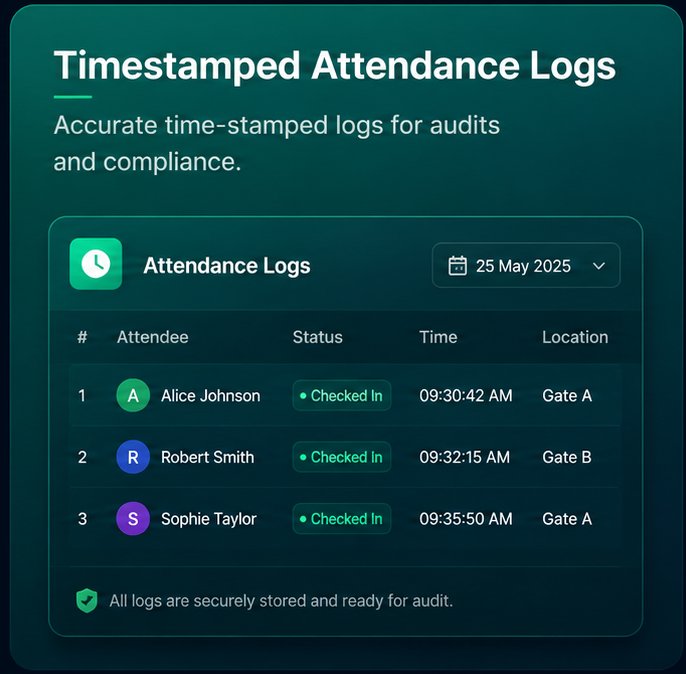 Timestamped Attendance Logs — accurate time-stamped logs for audits and compliance