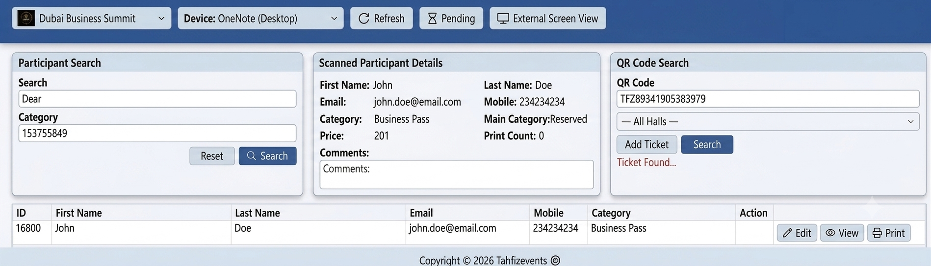 Tahfiz registration desk software — QR code ticket lookup