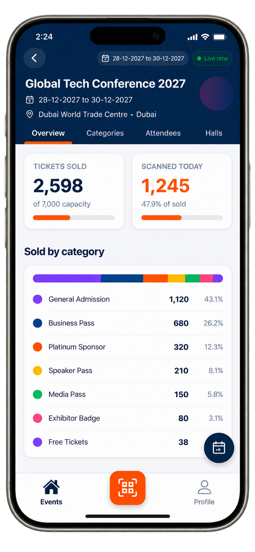 Organizer Scanning app — live event overview