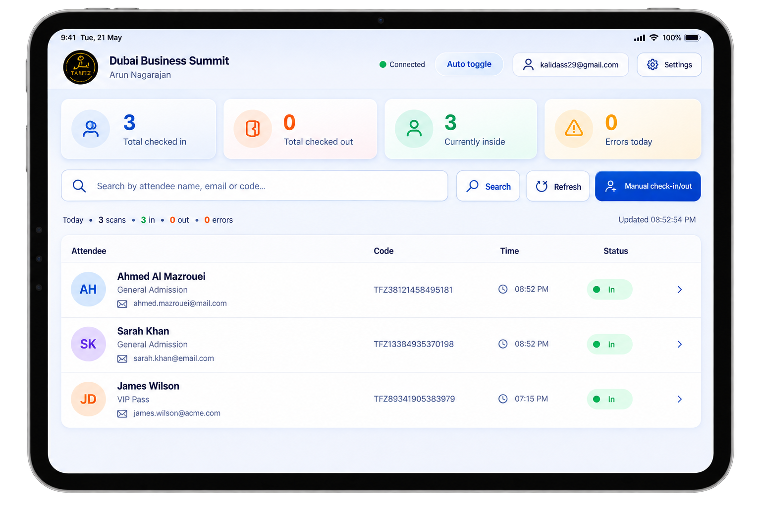 Tahfiz check-in operator dashboard — live counts and attendee log