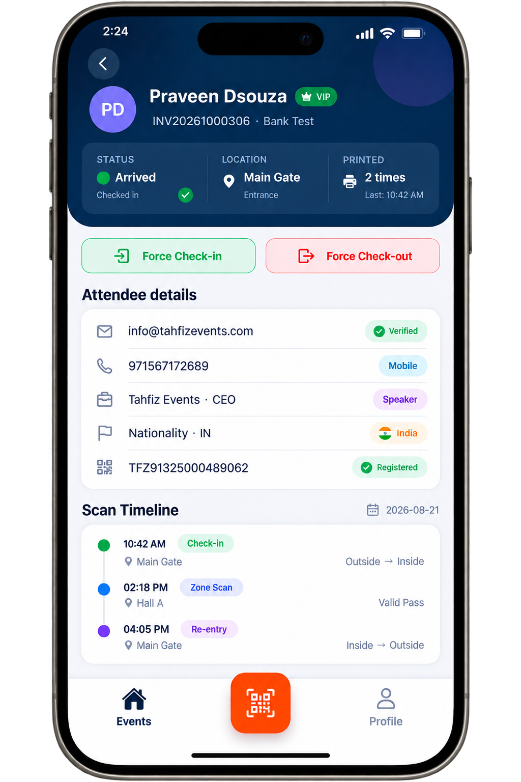 Organizer Scanning app — attendee detail and force check-in