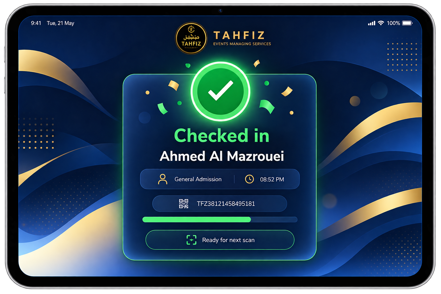 Tahfiz automated check-in kiosk — checked in confirmation