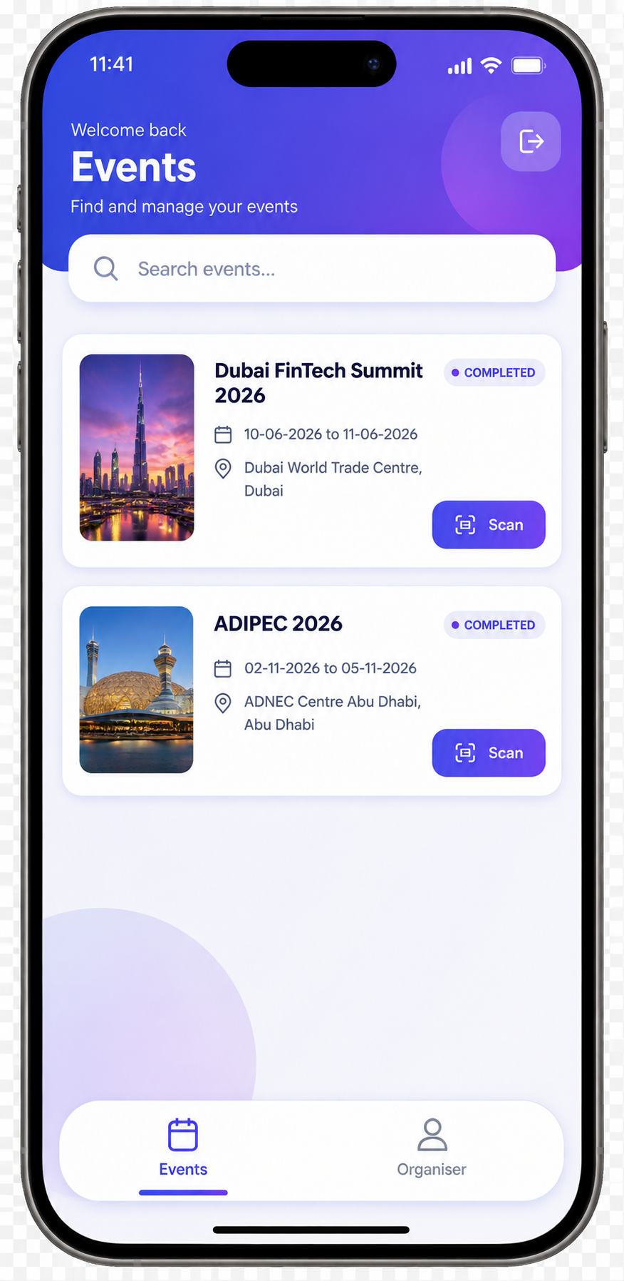 Sponsor & Exhibitor app — events list with scan button