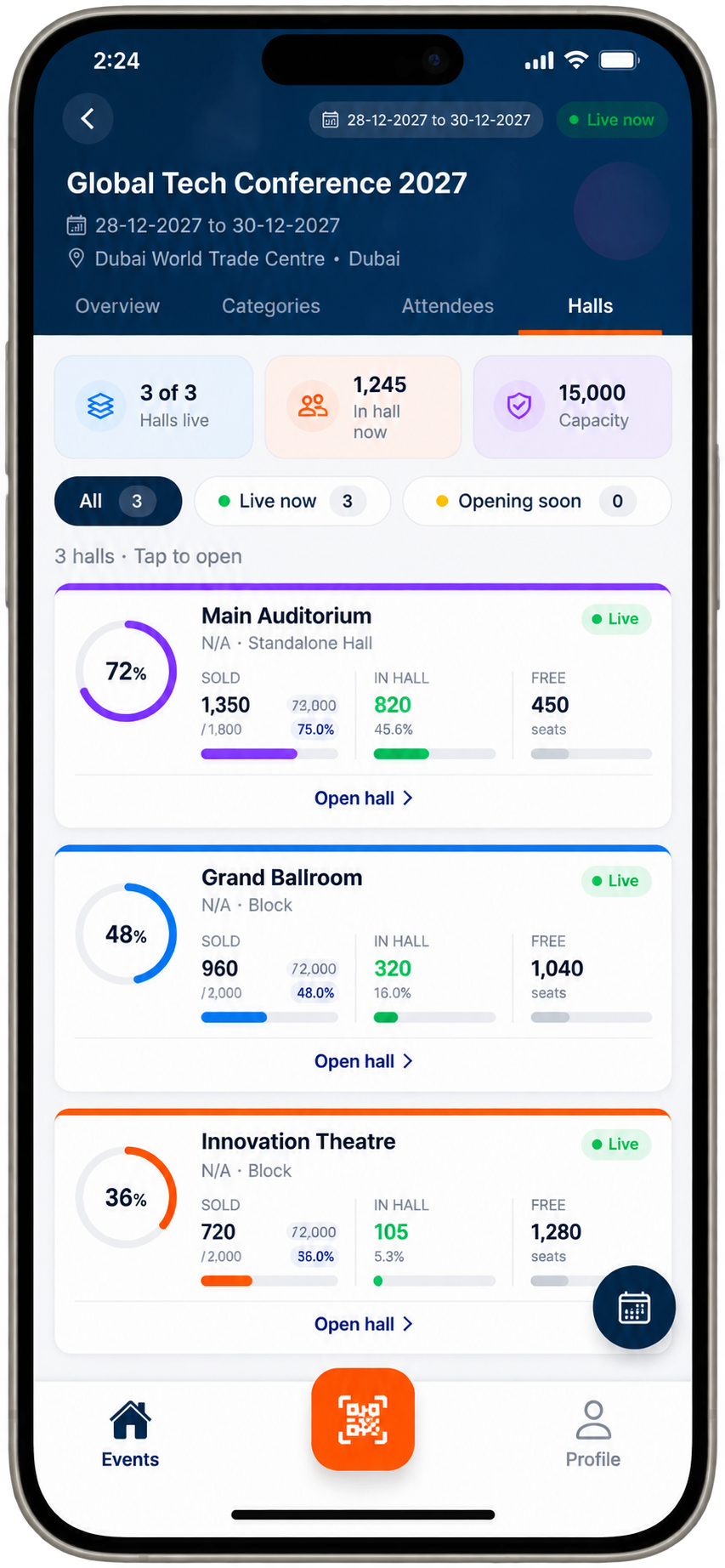 Organizer Scanning app — hall occupancy