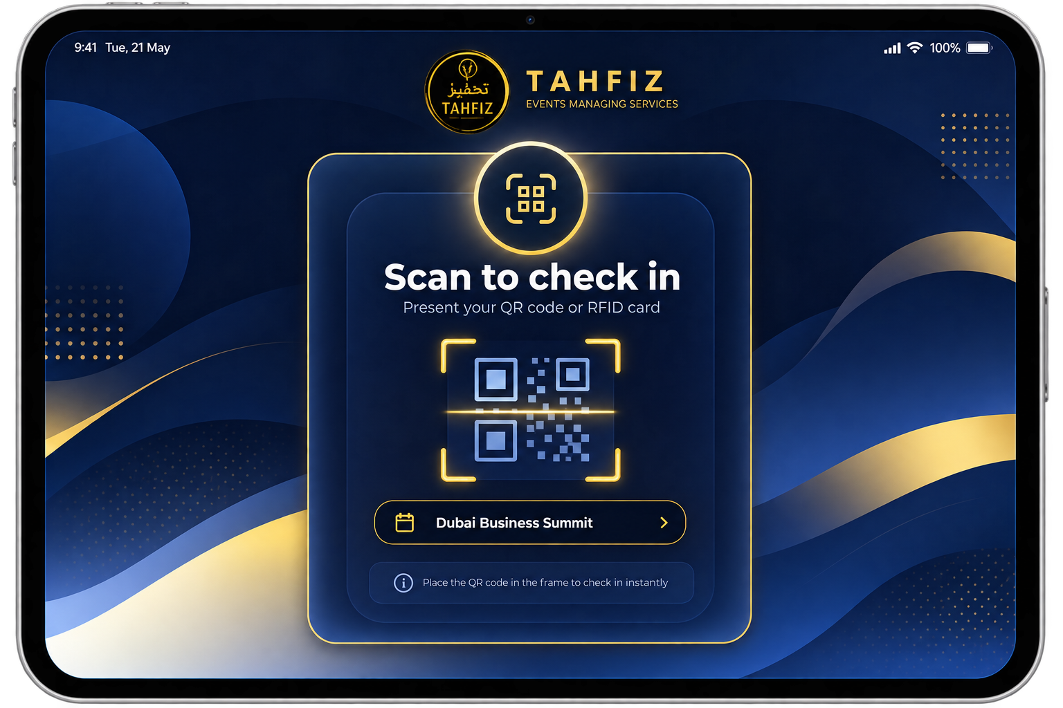 Tahfiz automated check-in kiosk — scan to check in, QR or RFID